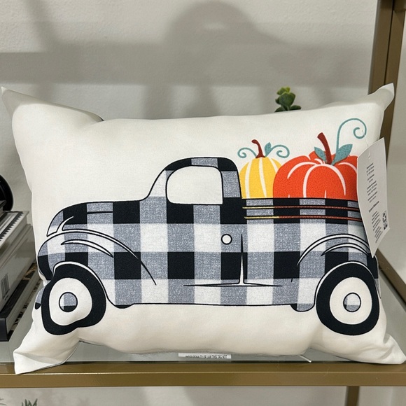 Mainstays Black and White Plaid Truck Pillow with Pumpkins - Picture 1 of 7